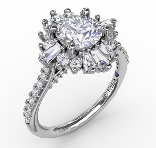 a halo engagement ring from Fana, featuring tapered baguette diamonds.