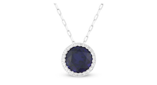 a white gold pendant necklace set with a large, round sapphire and diamond accent stones