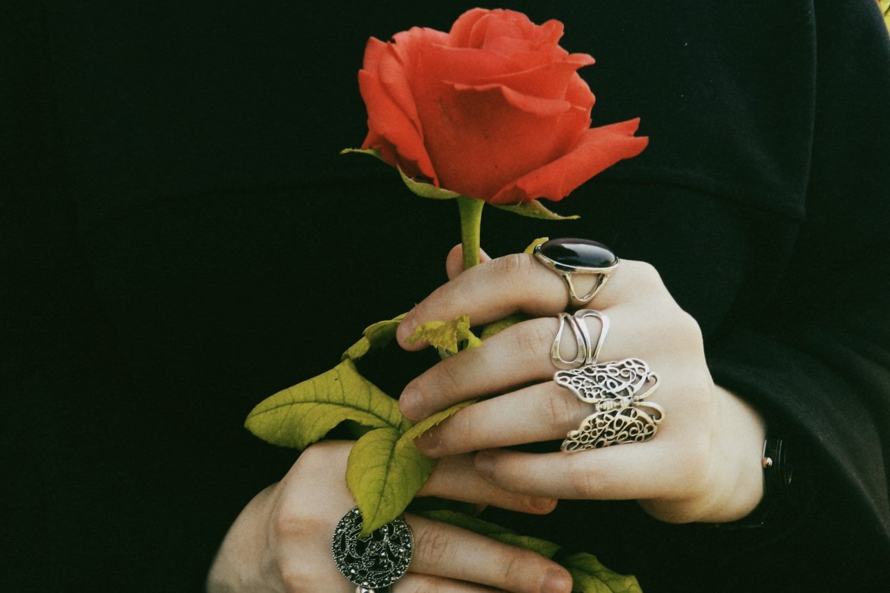 hands holding a red rose and wearing white gold jewelry, some of which features black onyx