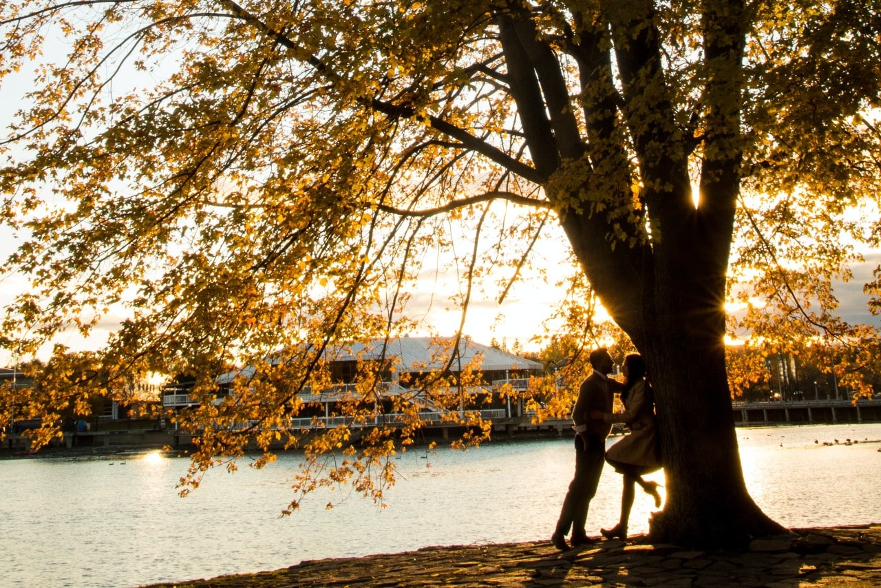 A couple talks by a fall tree by a lake as the sun sets.