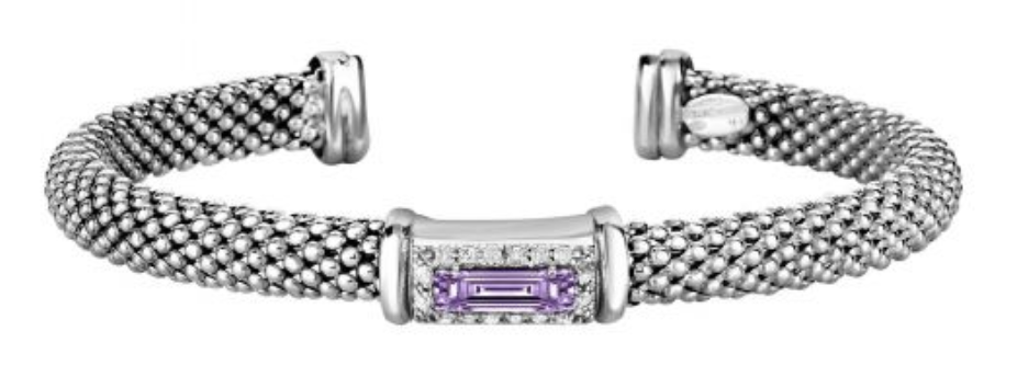 A sterling silver mesh open bracelet with baguette cut amethyst at the center, surrounded by smaller diamonds.