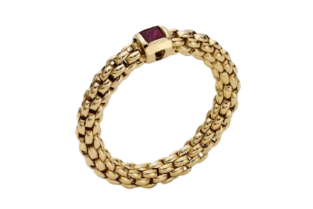 A textured yellow gold fashion ring with a ruby center stone, available at Brockhaus Jewelry.