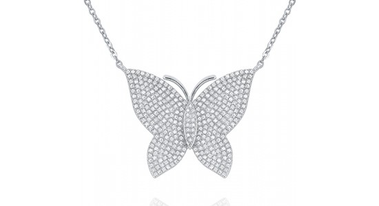 a white gold pendant necklace featuring a butterfly motif and diamond accents