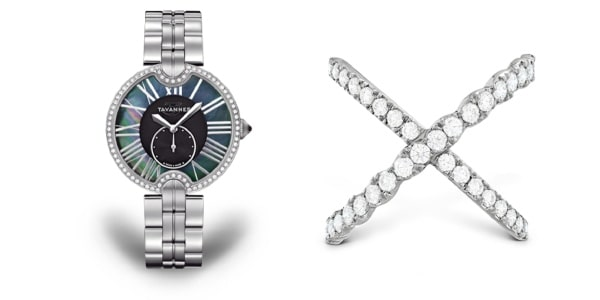 A Tavannes diamond watch next to a Hearts On Fire fashion ring from the Lorelei collection