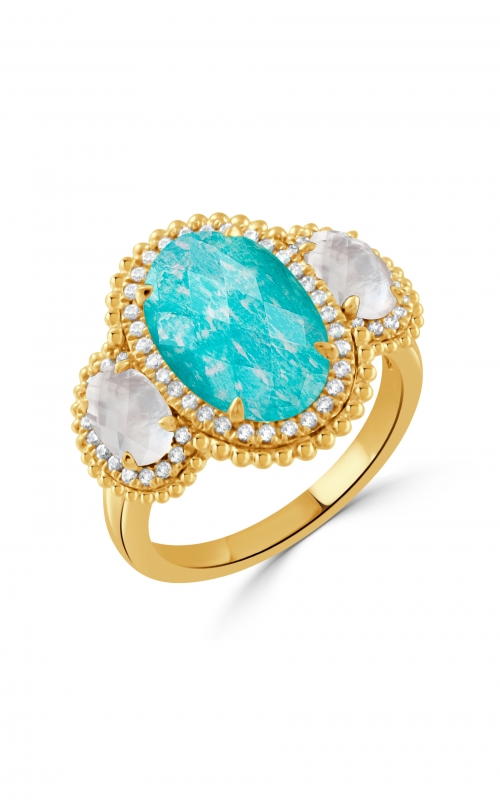 A yellow gold ring with an oval turquoise center stone, flanked by two smaller white stones and the trio is surrounded by small diamonds.