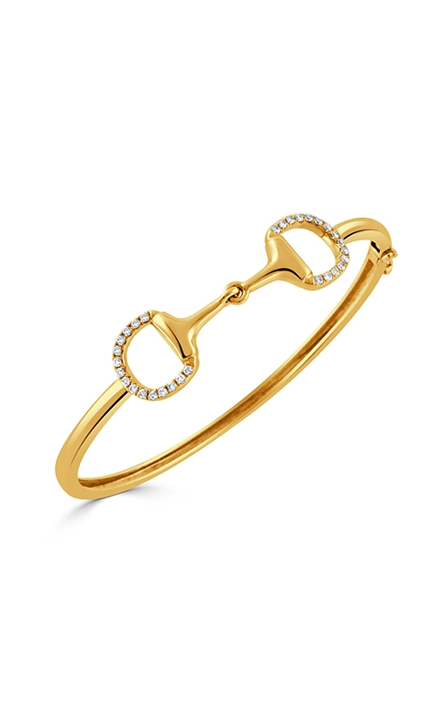 A yellow gold bracelet with a horse bit design, featuring circular diamond accents on each loop.