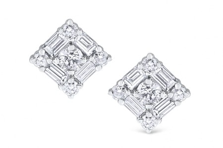 A pair of KC Designs diamond studs features baguette and round diamonds.