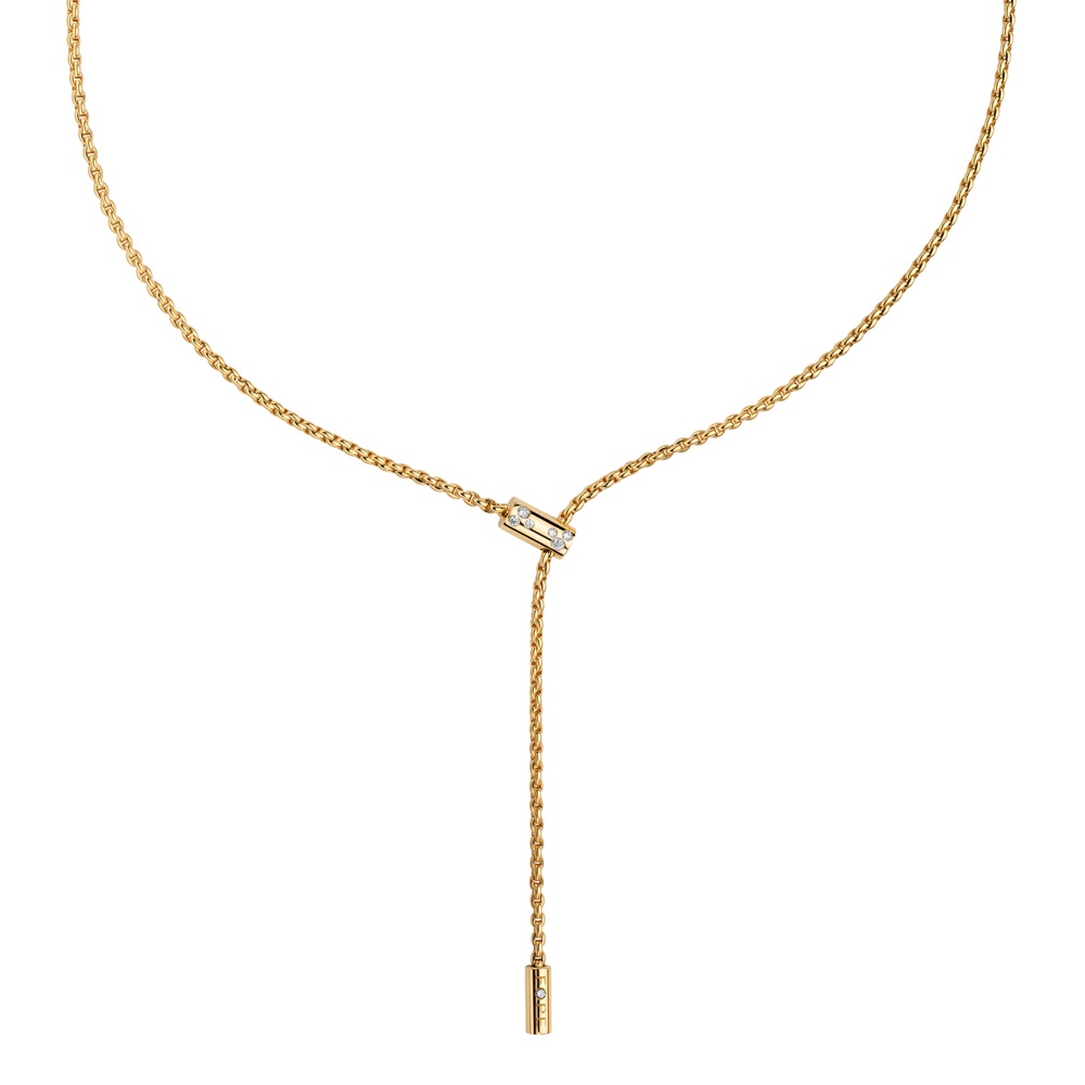 A yellow gold choker necklace on a white background