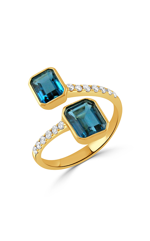 A Bypass yellow gold ring with blue topaz, encrusted with small diamonds, on a white background