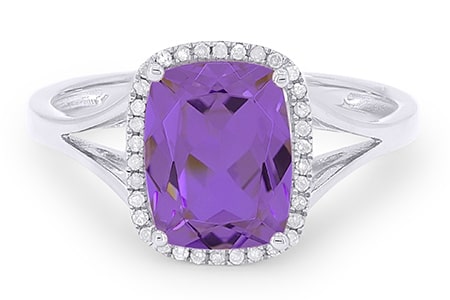 An amethyst cocktail ring with a diamond halo from Madison L